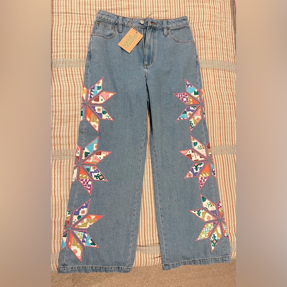 NWT Gorman Blue Straight/Cropped Jeans with Patchwork Embroidery; size small/6